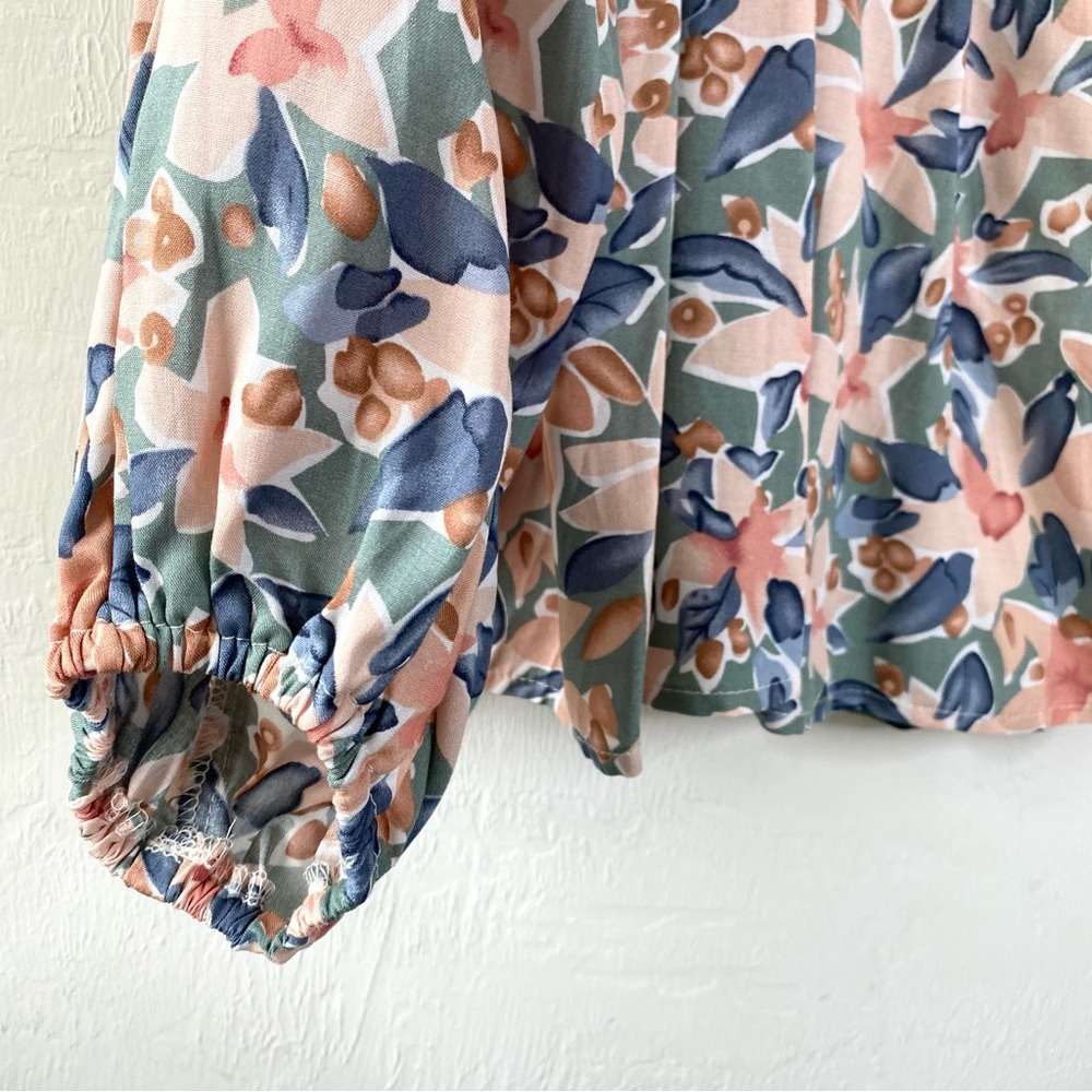 LAST CHANCE SALE!Double Tie Front Boho Floral Print Peasant Long Sleeve Blouse - Picture 4 of 11